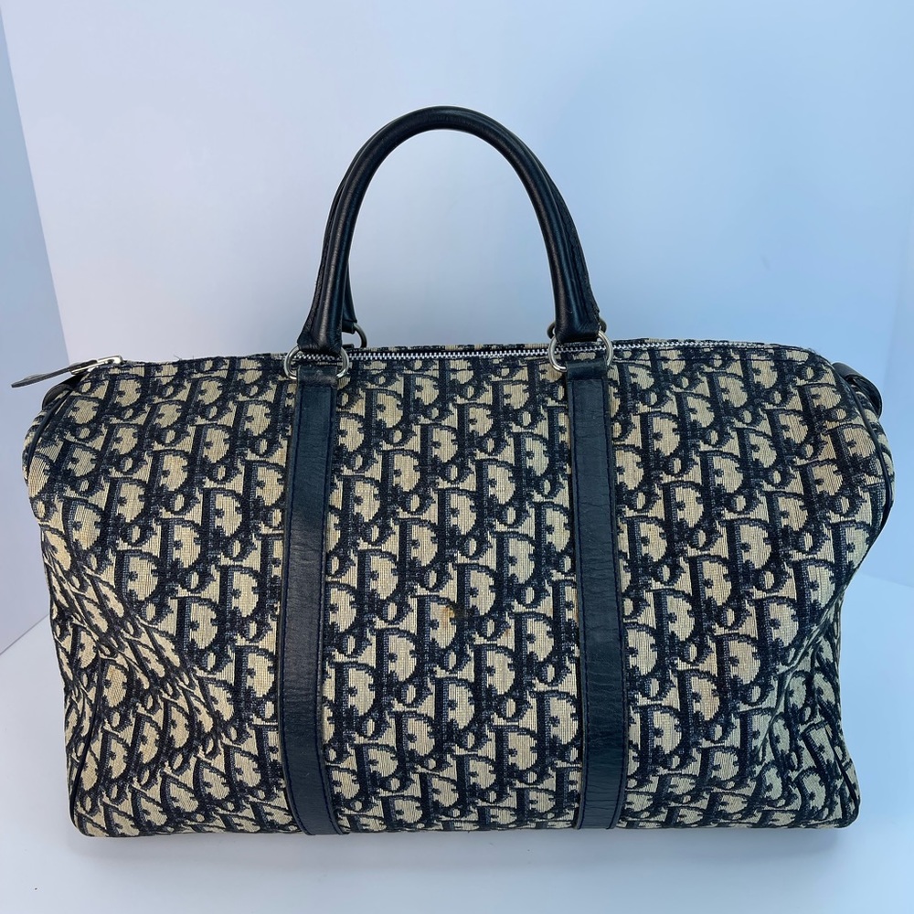 Christian Dior Trotter Canvas Leather Boston Bag Navy Zipper Closure  Size 40